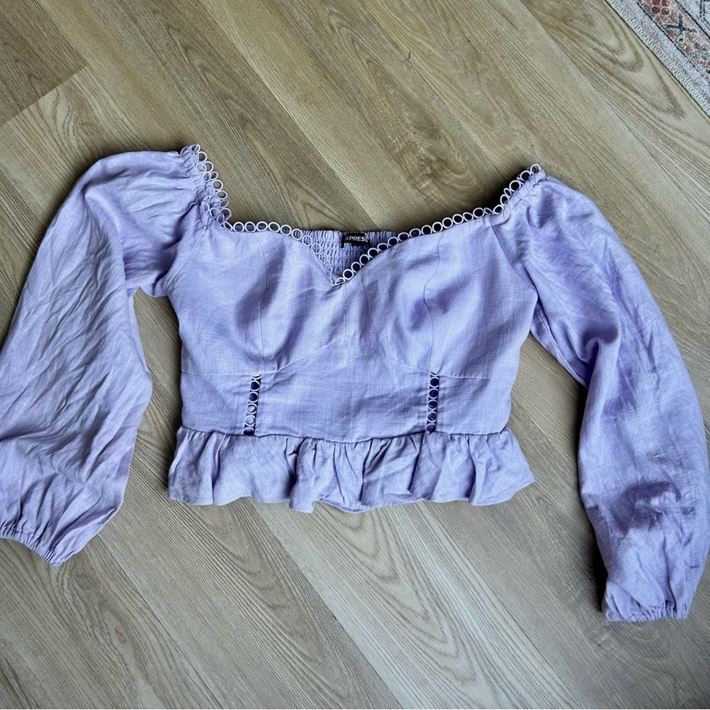 Express NWT Purple Lavender Linen-Blend Off-Shoulder Crop Top